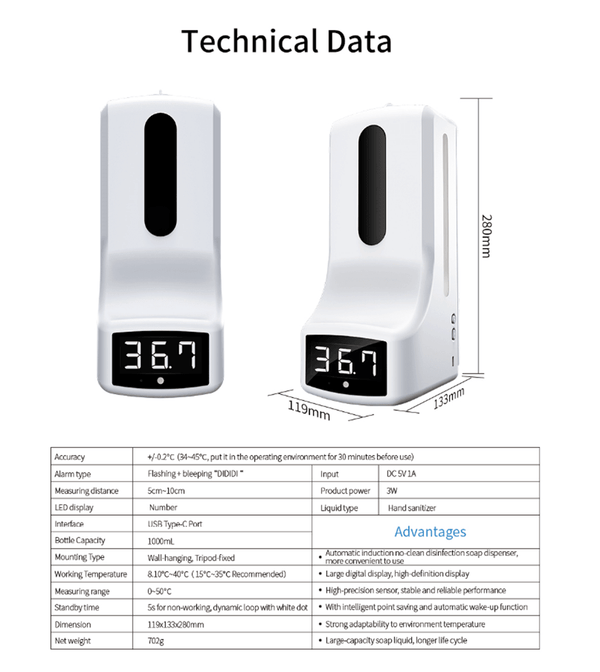 Automatic, Wall mounted, Combined Sanitizer dispenser and Thermometer - Machine Spares Shop